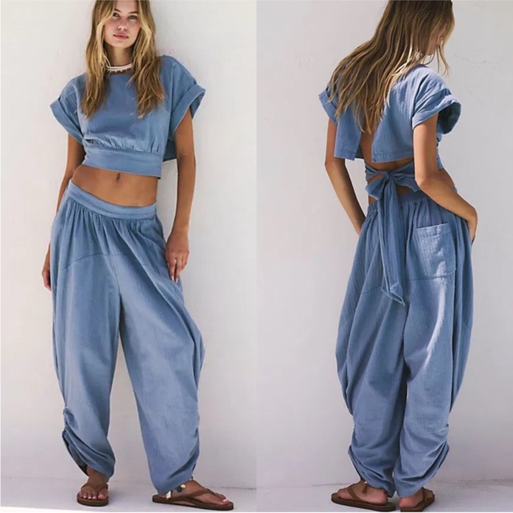 Free People 2 piece Harem Bohemian Top & Pant Set Ivory White Size Large $256
